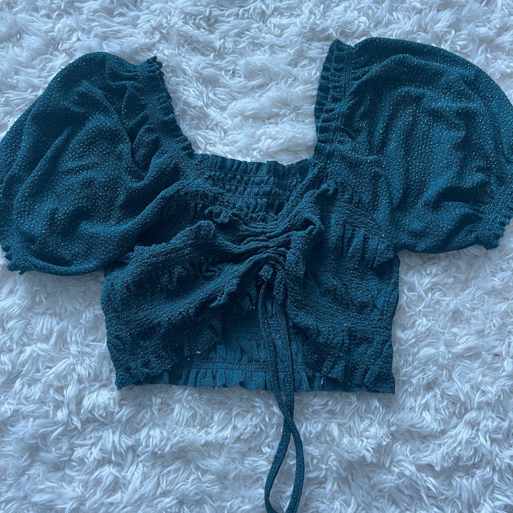 Urban outfitters green sparkly ruched crop top size M